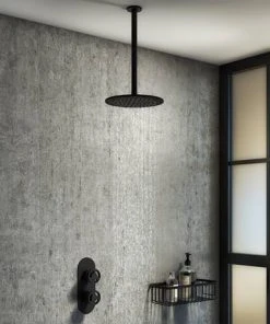 Arezzo Matt Black 195mm Thin Round Shower Head + 300mm Ceiling Mounted Arm -Bathroom Supplies Sales 2024 AZ195CA d2 460