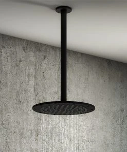 Arezzo Matt Black 195mm Thin Round Shower Head + 300mm Ceiling Mounted Arm