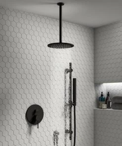Arezzo Matt Black 195mm Thin Round Shower Head + 300mm Ceiling Mounted Arm -Bathroom Supplies Sales 2024 AZ195CA d3 460