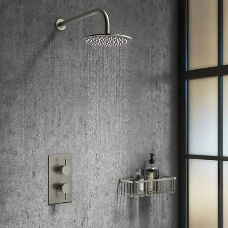 Arezzo Round 200mm Brushed Gunmetal Grey Fixed Shower Head + Wall Mounted Arm 3 Arezzo Round 200mm Brushed Gunmetal Grey Fixed Shower Head + Wall Mounted Arm - Image 3