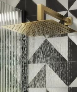 Arezzo Brushed Brass 300 x 300mm Ultra-Thin Square Shower Head + 90 Degree Bend Arm