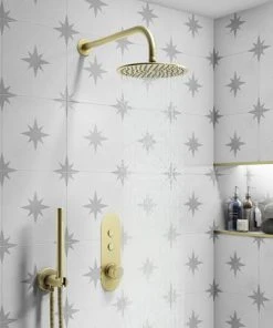 Arezzo Round Brushed Brass Outlet Elbow with Parking Bracket, Flex & Handset -Bathroom Supplies Sales 2024 AZ75 BB d4 460