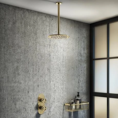 Arezzo Brushed Brass 195mm Thin Round Shower Head + 300mm Ceiling Mounted Arm 3 Arezzo Brushed Brass 195mm Thin Round Shower Head + 300mm Ceiling Mounted Arm - Image 3