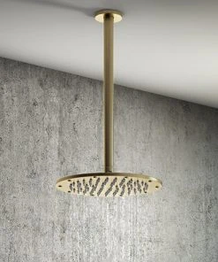 Arezzo Brushed Brass 195mm Thin Round Shower Head + 300mm Ceiling Mounted Arm