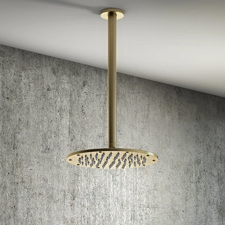 Arezzo Brushed Brass 195mm Thin Round Shower Head + 300mm Ceiling Mounted Arm 1 Arezzo Brushed Brass 195mm Thin Round Shower Head + 300mm Ceiling Mounted Arm
