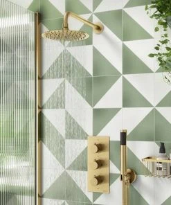 Arezzo Fluted Round 200mm Brushed Brass Fixed Shower Head + Wall Mounted Arm -Bathroom Supplies Sales 2024 AZFR2SHBB d2 460