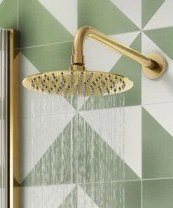 Arezzo Fluted Round 200mm Brushed Brass Fixed Shower Head + Wall Mounted Arm