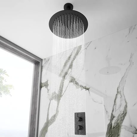 Arezzo Matt Black 300mm Thin Round Shower Head with Ceiling Mounted Arm 2 Arezzo Matt Black 300mm Thin Round Shower Head with Ceiling Mounted Arm - Image 2