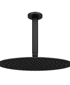 Arezzo Matt Black 300mm Thin Round Shower Head with Ceiling Mounted Arm