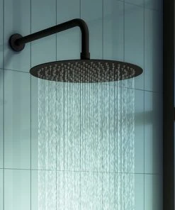 Arezzo Matt Black 300mm Thin Round Shower Head with Wall Mounted Arm