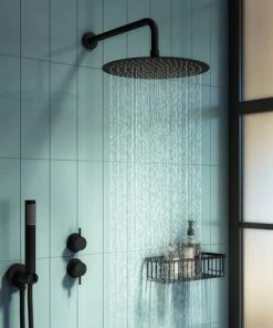 Arezzo Matt Black 300mm Thin Round Shower Head with Wall Mounted Arm -Bathroom Supplies Sales 2024 AZRD3WA n d2 460