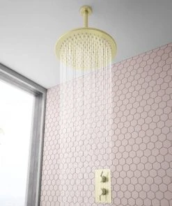 Arezzo Brushed Brass 300mm Thin Round Shower Head + 200mm Ceiling Mounted Arm -Bathroom Supplies Sales 2024 AZS32BCA d3 460