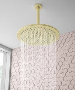 Arezzo Brushed Brass 300mm Thin Round Shower Head + 200mm Ceiling Mounted Arm