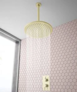 Arezzo Brushed Brass 300mm Thin Round Shower Head + 300mm Ceiling Mounted Arm -Bathroom Supplies Sales 2024 AZS33BCA d3 460