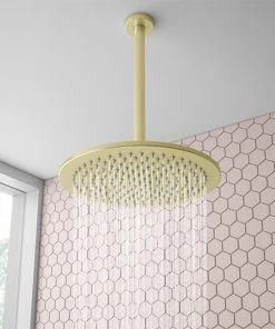 Arezzo Brushed Brass 300mm Thin Round Shower Head + 300mm Ceiling Mounted Arm