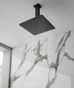 Arezzo Matt Black 200 x 200mm Thin Square Shower Head + Ceiling Mounted Arm