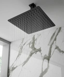Arezzo Matt Black 300 x 300mm Thin Square Shower Head + Ceiling Mounted Arm