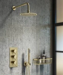 Arezzo Round 200mm Brushed Brass Fixed Shower Head + Wall Mounted Arm -Bathroom Supplies Sales 2024 CRZ2WA BB d3 460