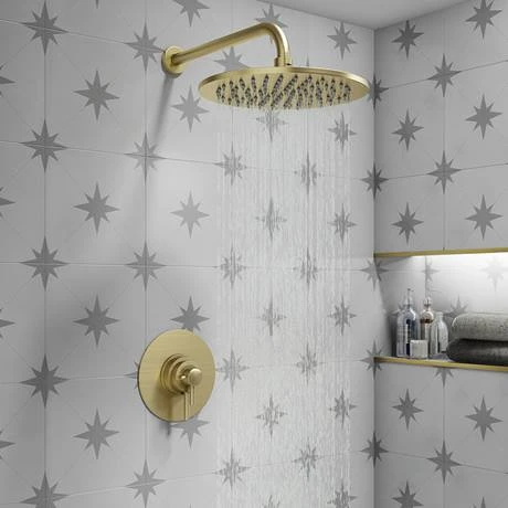 Arezzo Round 300mm Brushed Brass Fixed Shower Head + Wall Mounted Arm 6 Arezzo Round 300mm Brushed Brass Fixed Shower Head + Wall Mounted Arm - Image 6