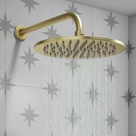 Arezzo Round 300mm Brushed Brass Fixed Shower Head + Wall Mounted Arm 1 Arezzo Round 300mm Brushed Brass Fixed Shower Head + Wall Mounted Arm