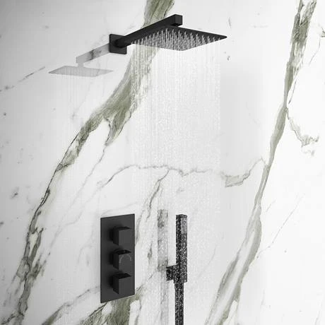 Arezzo Square 200 x 200mm Matt Black Fixed Shower Head + Wall Mounted Arm 3 Arezzo Square 200 x 200mm Matt Black Fixed Shower Head + Wall Mounted Arm - Image 3