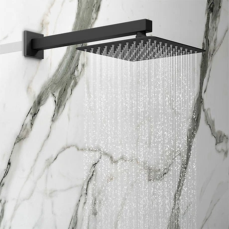 Arezzo Square 200 x 200mm Matt Black Fixed Shower Head + Wall Mounted Arm 1 Arezzo Square 200 x 200mm Matt Black Fixed Shower Head + Wall Mounted Arm